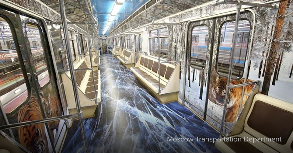 Tigers, leopards and weird nature scenes take over entire Moscow subway car interiors