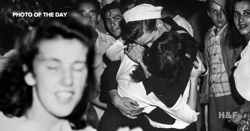 Life Magazine's iconic V-J Day kiss photo mirrored in a long lost print by unknown photographer
